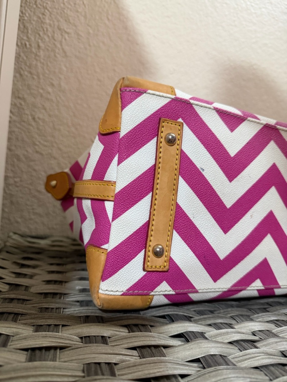 Dooney & Bourke Pink & White Geena Chevron Top Handle Satchel - Tan Leather Trim - Picture 11 of 16